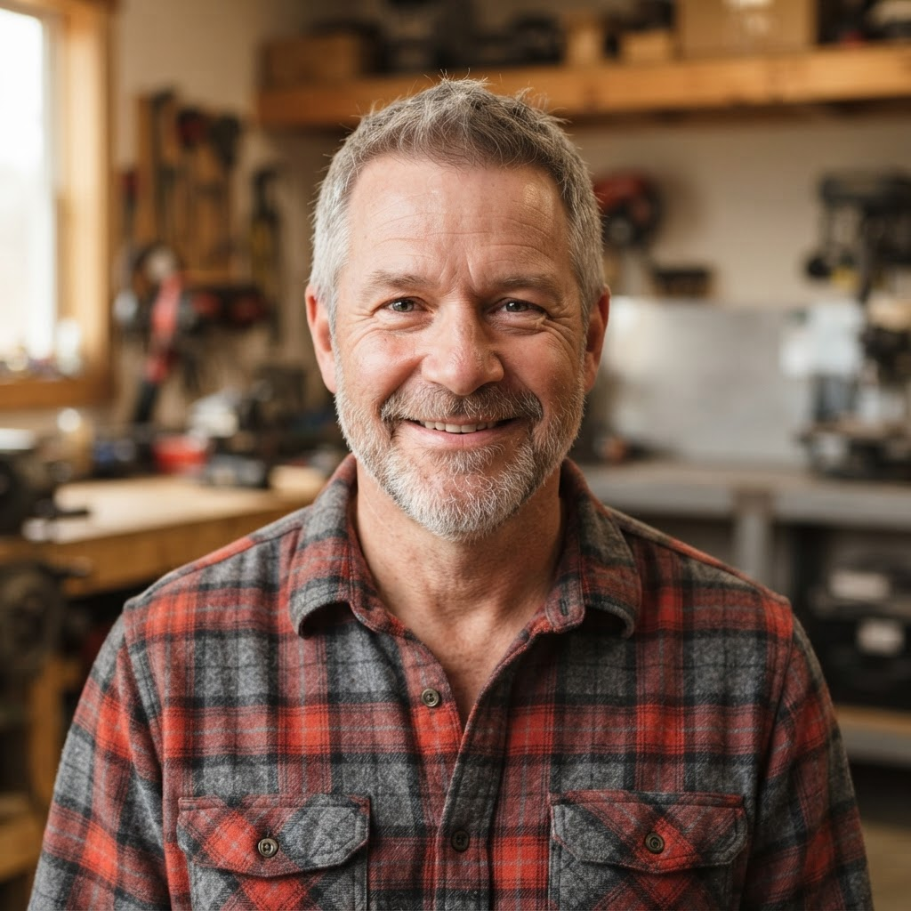Smiling man with a short grey beard in a flannel work shirt