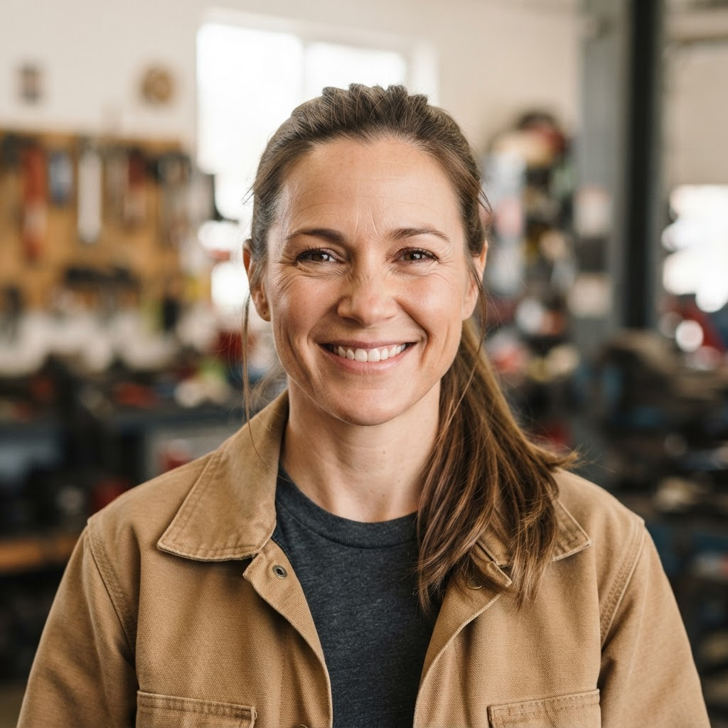 Smiling woman with hair tied back in a canvas work jacket
