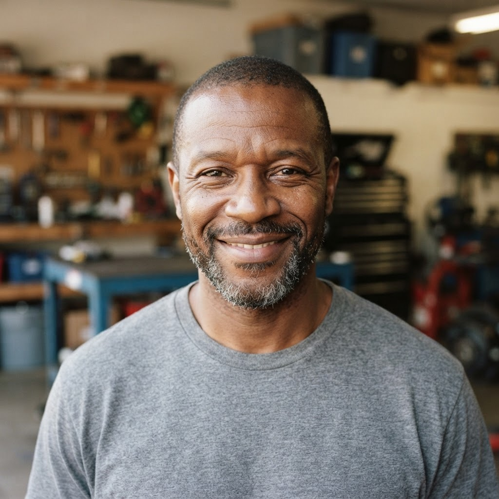Smiling Black man in a grey work t-shirt